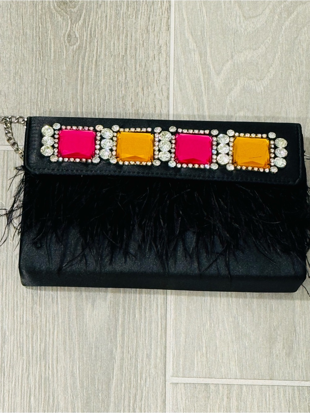 SHEIN Black Clutch with Pink & Orange Gem Embellishments 5/9 inch